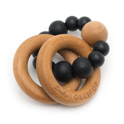 BLACK BUBBLE SILICONE AND WOOD TEETHER